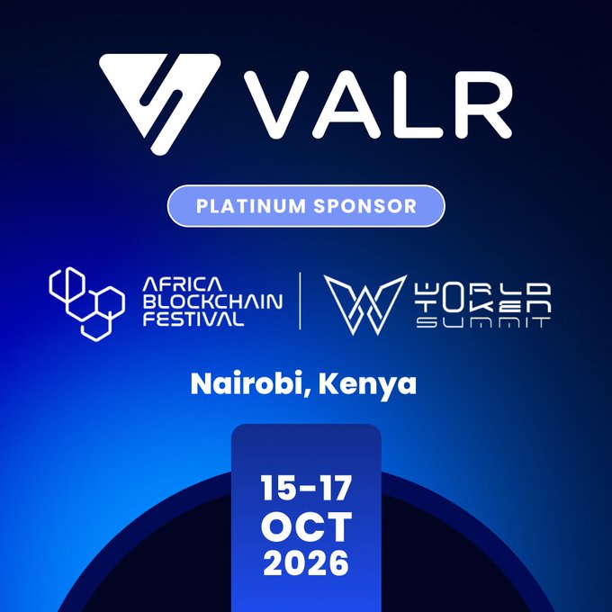 A promotional graphic for VALR as a Platinum Sponsor of the Africa Blockchain Festival and World Poker Summit, taking place in Nairobi, Kenya on 15-17 Oct 2026.