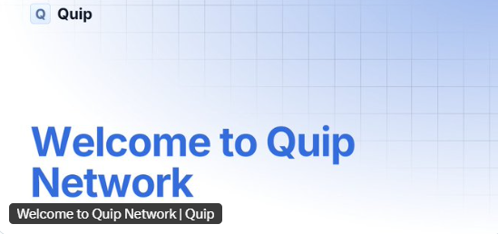 A clean web page header with a search icon and the word 'Quip', followed by large blue text reading 'Welcome to Quip Network' on a light blue gradient background.