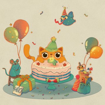 An illustrated birthday scene features a cat wearing a party hat behind a cake with a 'HEIO' sign, surrounded by mice, balloons, and an elephant.