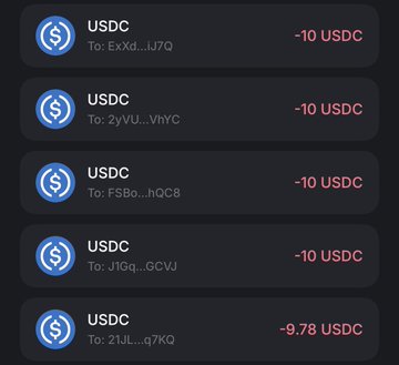 A dark-themed mobile screenshot showing a list of USDC transactions, mostly for -10 USDC sent to various alphanumeric addresses.