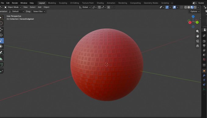 A screenshot of the Blender 3D software interface showing a red sphere with a brick texture in the viewport.