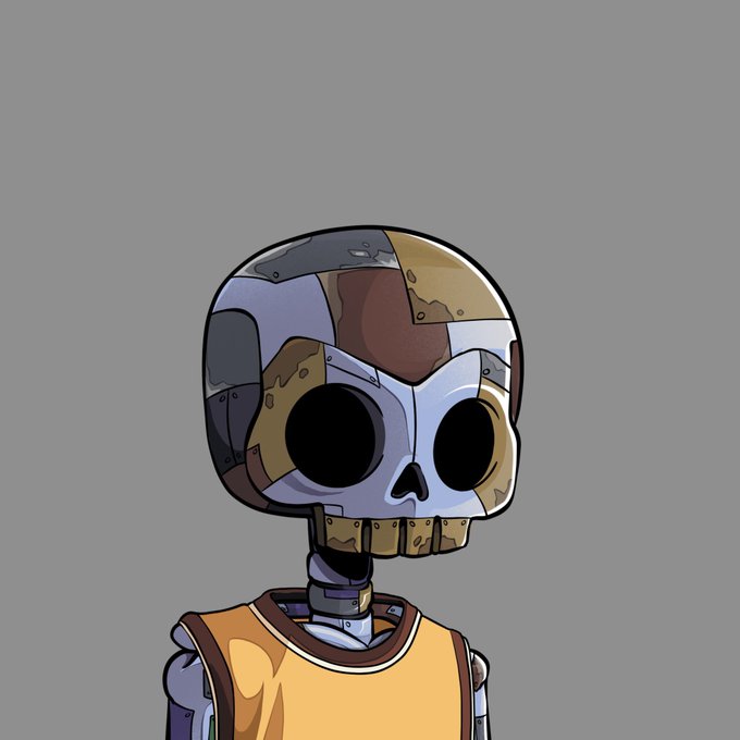A cartoon-style illustration of a robot with a patchwork metal skull-like head, large black eye sockets, and an orange shirt against a gray background.