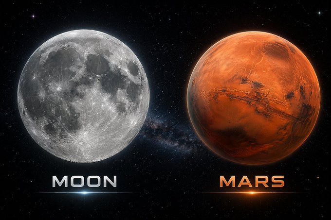A side-by-side comparison image showing the Moon (labeled "MOON") on the left and Mars (labeled "MARS") on the right against a starry space background. The image visually represents SpaceX and Elon Musk's two major space exploration missions, aligning with the post's promotion of "Luna" (the Moon) and "Marscoin" as a cryptocurrency investment opportunity.