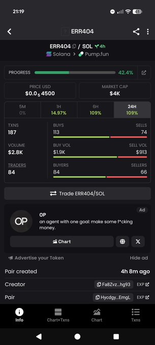 A smartphone screen displays a cryptocurrency tracking app showing the token 'ERR404' on the 'Solana / Pump.fun' network, with a market cap of '$4K', progress at '42.4%', and a 24H change of '109%'.