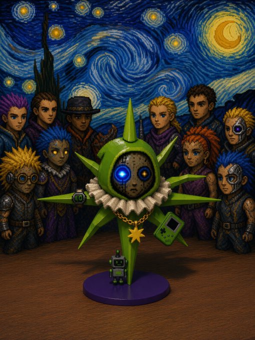 A surreal digital artwork blending cyberpunk characters with Van Gogh's "Starry Night" background, centered around a green spiked star-shaped figure wearing a mask and a gold chain, with a small robot at its base.
