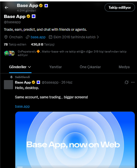 A screenshot of Base App's X profile shows a pinned post announcing "Hello, desktop. Same account, same trading… bigger screens!" with a "Base App, now on Web" graphic, highlighting the platform's expansion to desktop mode as mentioned in the accompanying tweet about Base's consistent feature releases.