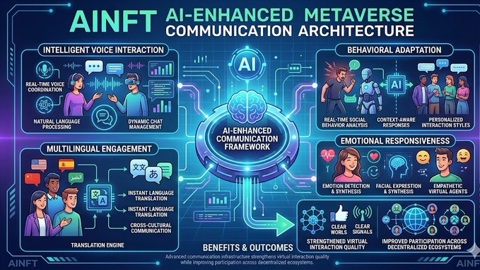 The image features a large, colorful poster that explains the concept of an AI-enhanced metaverse. The poster includes various illustrations depicting different aspects of the metaverse ecosystem, such as people interacting with each other within the virtual world. It also highlights the importance of advanced communication systems and infrastructure to support immersive interaction and adaptive social participation in this new form of digital environment.