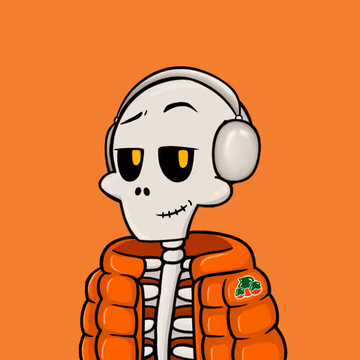 A cartoon illustration of a skeleton character with large yellow eyes wearing white headphones and an orange puffer jacket with a small logo patch, set against a solid orange background.