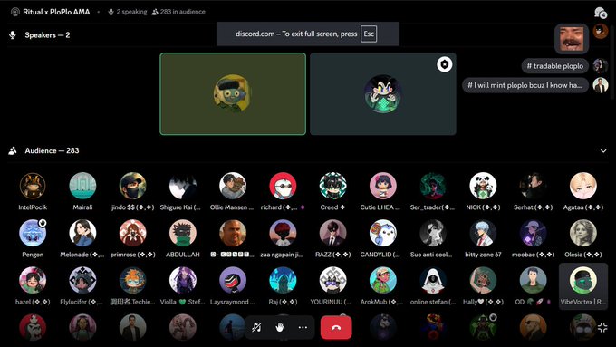 A Discord screenshot of a 'Ritual x Ploplo AMA' voice channel with 2 speakers and 283 audience members, showing numerous participant avatars and chat messages including 'if tradable ploplo' and 'if I will mint ploplo bcuz I know ha...'.