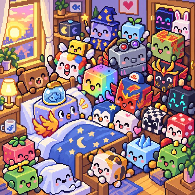 A colorful pixel art illustration featuring a multitude of cute, smiling block characters gathered together in a cozy bedroom setting.