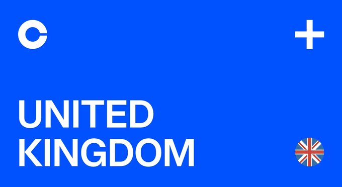 A blue promotional graphic featuring the Coinbase logo and a plus sign, alongside the text "UNITED KINGDOM" and a UK flag, announcing Coinbase's UK expansion to offer equities and derivatives.