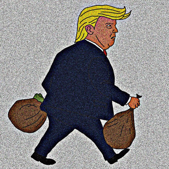 A pointillism-style illustration of Donald Trump in a dark suit walking while carrying two brown money bags.