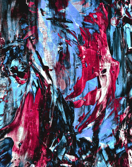 An abstract painting with thick, textured brushstrokes in shades of red, blue, and black.