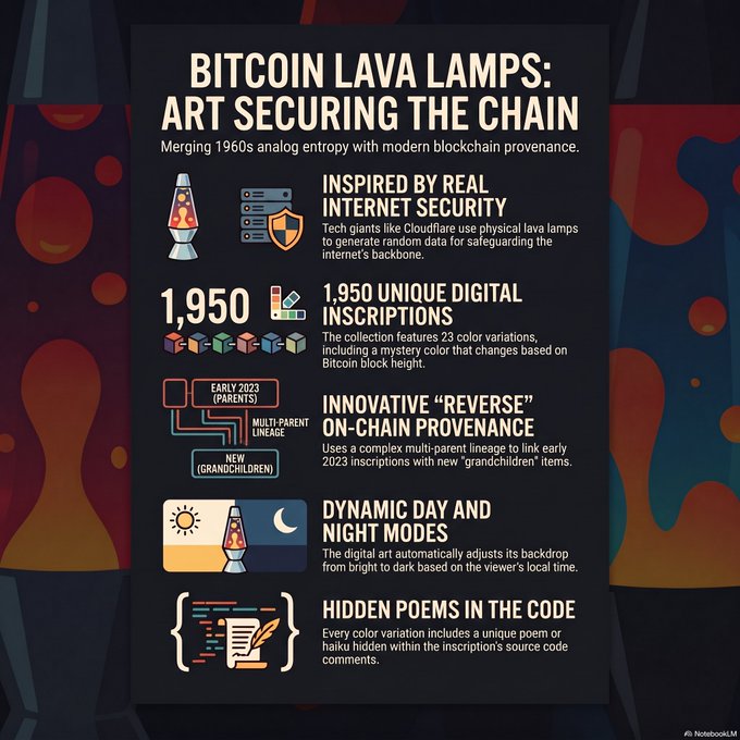 An infographic titled 'BITCOIN LAVA LAMPS: ART SECURING THE CHAIN' describes a digital art collection merging 1960s analog entropy with blockchain provenance. Key features highlighted include inspiration from Cloudflare's real internet security lava lamps, 1,950 unique digital inscriptions, innovative 'reverse' on-chain provenance linking early 2023 parents to new grandchildren, dynamic day/night modes, and hidden haiku poems within the code.