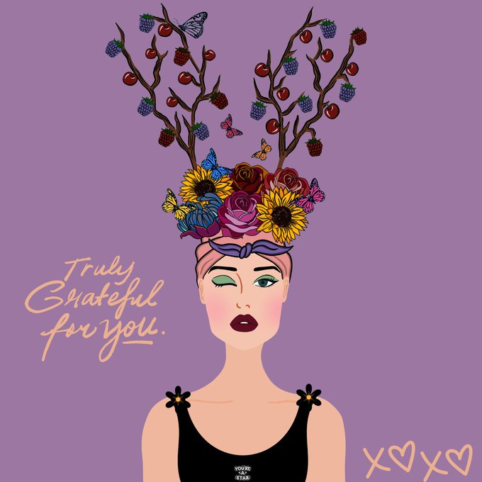 An illustration of a woman with flowers, berries, and butterflies emerging from her head as antlers on a purple background, with text 'Truly Grateful for You' and a 'YOUNG WORLD STARS' logo.