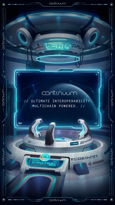 A futuristic sci-fi tech advertisement for 'continuum' featuring glowing blue interfaces and the text '// ULTIMATE INTEROPERABILITY. MULTICHAIN POWERED. //'
