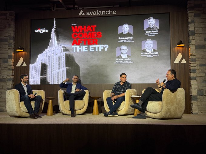 A panel discussion titled "What Comes After the ETF?" at an Avalanche Summit, featuring speakers Adam Winnick (Pavilion Capital Partners), Hunter Horsley (CEO and Co-Founder of Bitwise Asset Management), Zach Pandl (Head of Research at Pantera), and Andreas Vlachos (Manager of Bitwise Avalanche ETF), with the Bitwise New York branding visible alongside the Empire State Building backdrop.