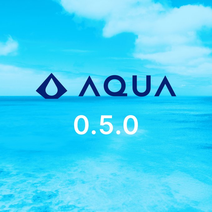 The image features an advertisement for a cryptocurrency called Aqua, which is represented by a blue logo with a drop symbol above it. The text "Aqua 0.5.0 ya está disponible!" is written below the logo, indicating that the cryptocurrency is available and ready to be used.