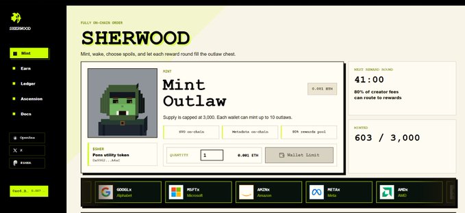 A webpage for "SHERWOOD" showing a "Mint Outlaw" NFT collection with a pixel art character, indicating supply is capped at 3,000 with 603 minted, alongside 80% rewards and various Web3 marketplace links.