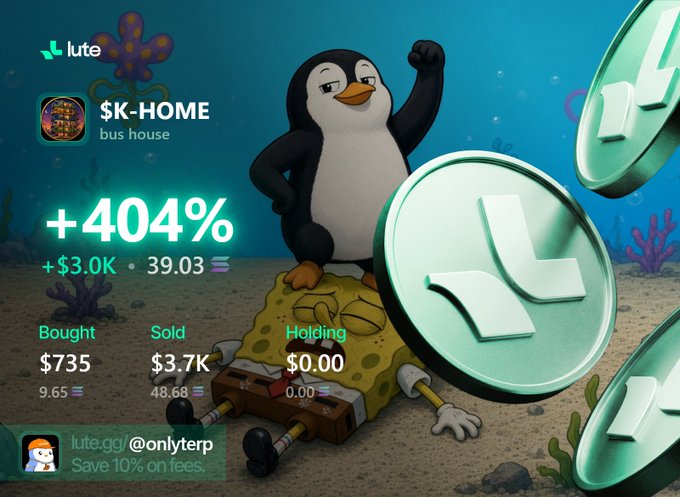 A celebratory trading screenshot showing a +404% gain ($K-HOME / "bus house") with $3.0K profit and 39.03 sol, featuring a cartoon penguin posing triumphantly atop gold coins and large Lute (LUTE) tokens. The image aligns with the post's boast of turning 1 sol into 49 in just 4 trades, visually marking the winning session on stream.