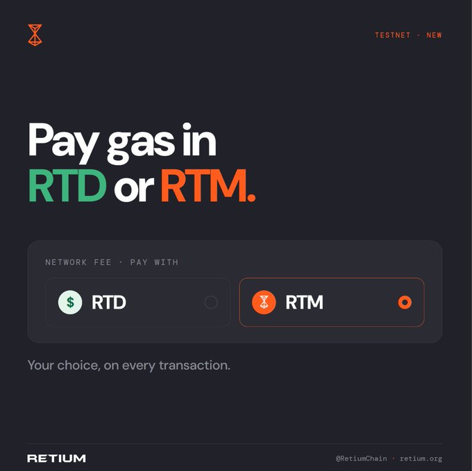 A promotional graphic from Retium announces that users can "Pay gas in RTD or RTM" on testnet, displaying payment option buttons for RTD and RTM tokens.