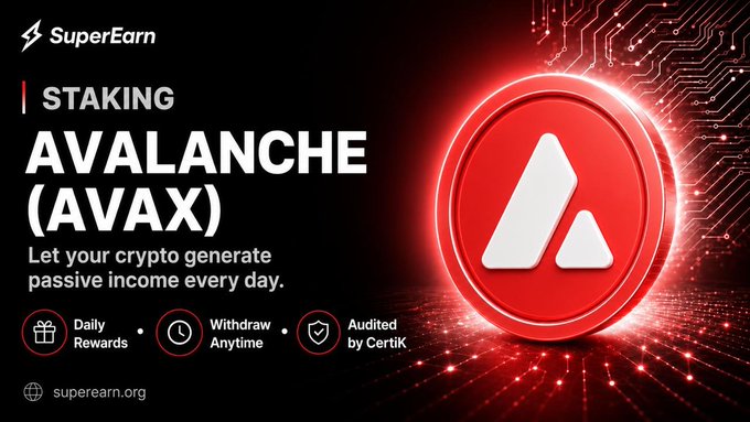 A promotional banner for SuperEarn advertising "STAKING AVALANCHE (AVAX)" to generate passive crypto income daily, with a glowing AVAX logo on a red circuit-board background.