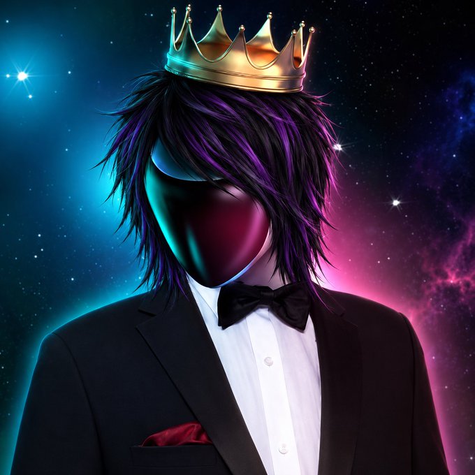 A digital illustration of a faceless figure wearing a golden crown and a black tuxedo with bow tie, set against a colorful cosmic space background with purple hair.