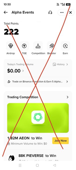 A screenshot of a mobile app interface titled "Alpha Events" showing "Total Points: 222," various icons (Airdrop, TGE, Competition, Booster, Earn), and a "Trading Competition" section with a large red "X" drawn across the entire image.