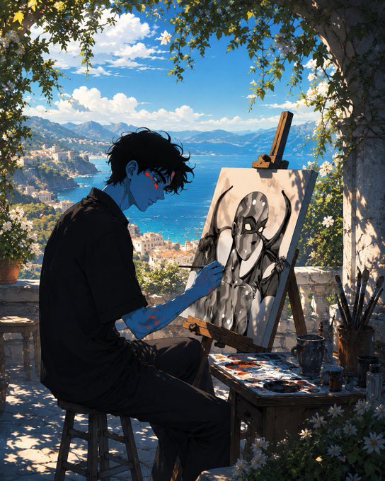 An anime-style illustration of a blue-skinned artist with red markings painting a robotic figure on a canvas, set against a scenic Mediterranean coastal view with mountains and blue water.