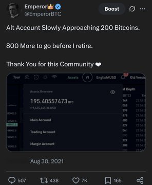 A screenshot of a tweet from EmperorBTC (@EmperorBTC) dated August 30, 2021, showing his KuCoin account with 195.4055 BTC (approximately $9.47 million USD) across Main, Trading, and Margin accounts, with the caption noting he was "Approaching 200 Bitcoins" and thanking the community. The image illustrates the post's reflection on a younger version of the trader who openly shared PnL and networth milestones, which he has since stopped doing due to the anxiety and FOMO it created for others.