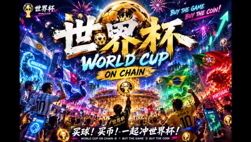 The image features a poster for the World Cup with a large soccer ball at its center, surrounded by people holding flags and banners. The poster also includes Chinese characters that translate to "World Cup On Chain", indicating the theme of the event. The text on the poster encourages fans to join forces and create something extraordinary together, which could be related to the World Cup itself or another project.