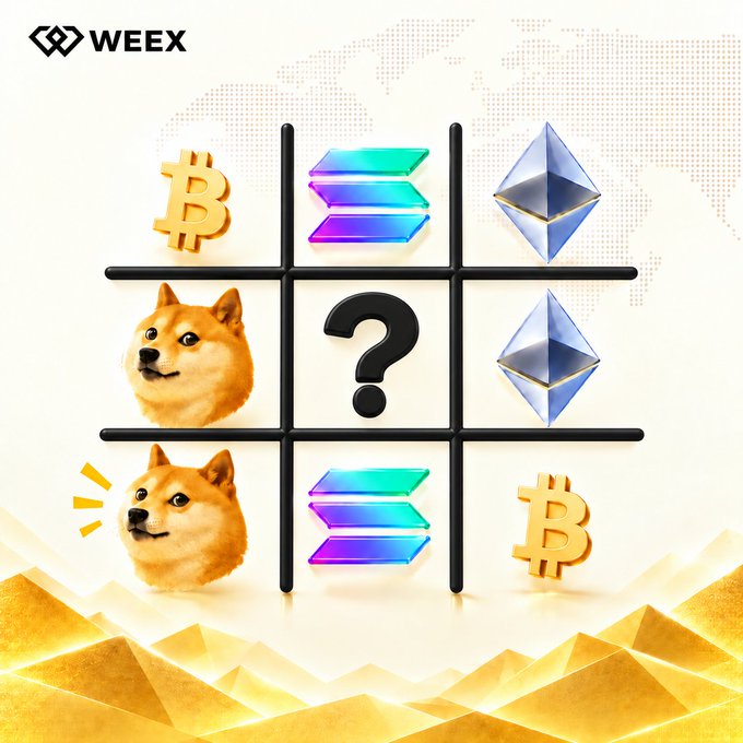 A WEEEX crypto-themed graphic displays a tic-tac-toe board featuring Bitcoin logos, Dogecoin Shiba Inu dog faces, and Solana symbols, with a question mark in the center square set against a world map and mountain background.