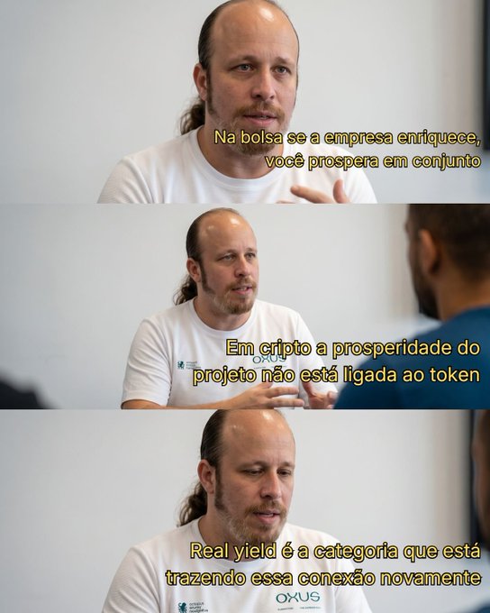 Three screenshots from an interview feature a man in a white OXUS t-shirt speaking, with Portuguese subtitles explaining that while stock market investors benefit from a company's prosperity, crypto investors don't share in a project's success through token ownership, with "Real yield" emerging as a category that restores this connection.