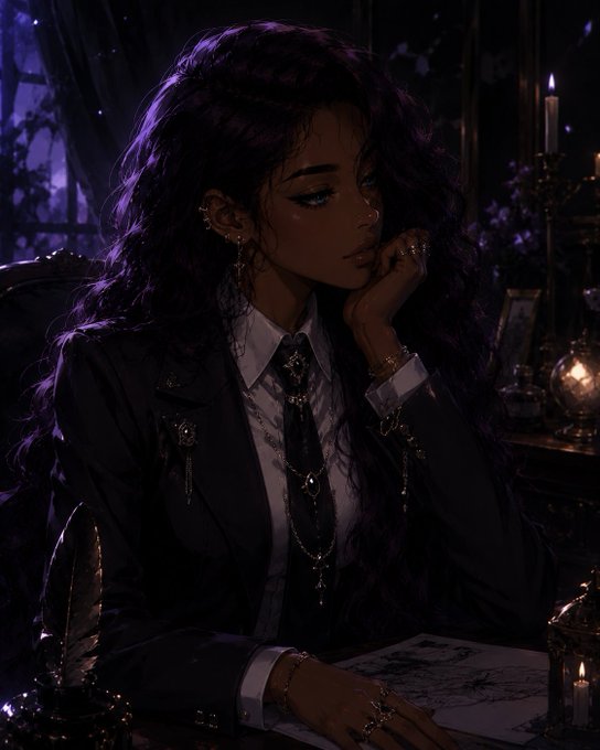 A digital illustration of a young woman with long dark hair wearing a dark suit and tie, sitting in a dimly lit gothic setting with candles, looking thoughtfully to the side.