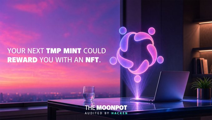 Promotional banner for 'The Moonpot' featuring the text 'YOUR NEXT TMP MINT COULD REWARD YOU WITH AN NFT' alongside a holographic logo and a laptop on a desk with a sunset city view.