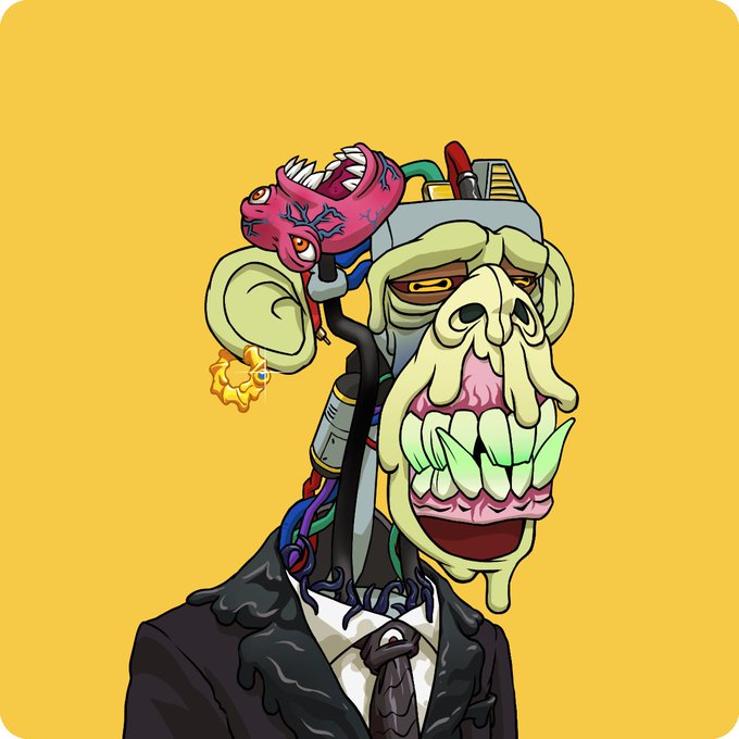 A cartoon illustration depicts a grotesque green-skinned humanoid in a suit with a mechanical apparatus and a small pink creature mounted on its back, set against a yellow background.