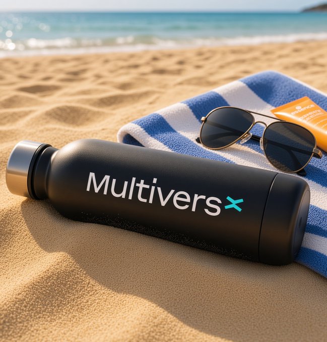 A black insulated water bottle branded with the 'MultiversX' logo resting on a sandy beach alongside aviator sunglasses and a striped towel.