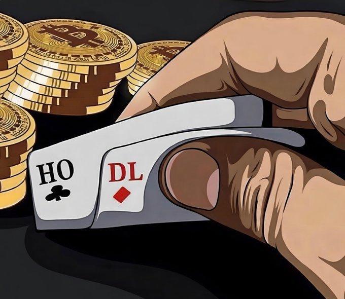 A cartoon illustration shows a hand revealing two playing cards ('HO' of clubs and 'DL' of diamonds) next to stacks of Bitcoin coins.