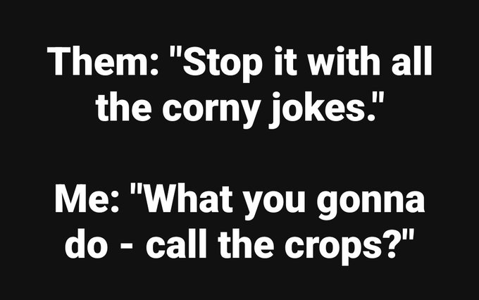 A black meme with white text reading: Them: 'Stop it with all the corny jokes.' Me: 'What you gonna do - call the crops?'