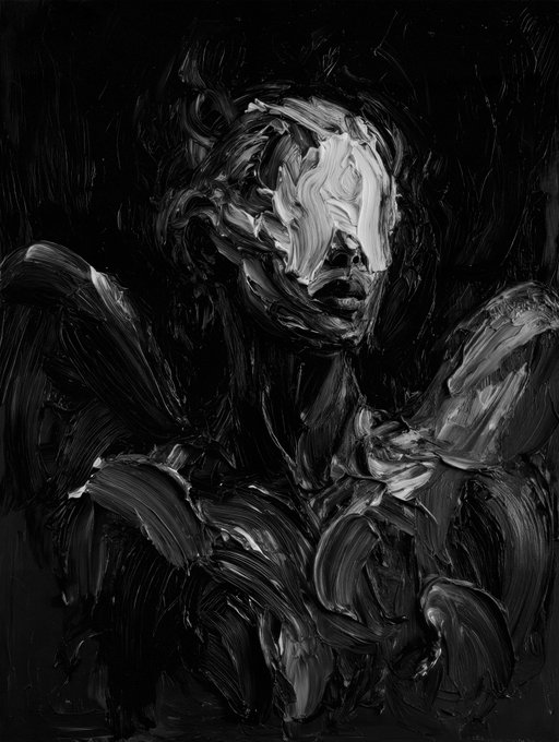 The image features an abstract painting of a face, rendered in black and white. The artist has used thick brushstrokes to create a textured appearance for the face, giving it a three-dimensional effect. The painting appears to be a portrait or a close-up of a person's face, with the focus on the intricate details and textures within the artwork.