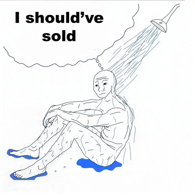 The 'I should've sold' Wojak meme showing a muscular bald man sitting on the ground being washed by a showerhead, regretting not selling an investment.