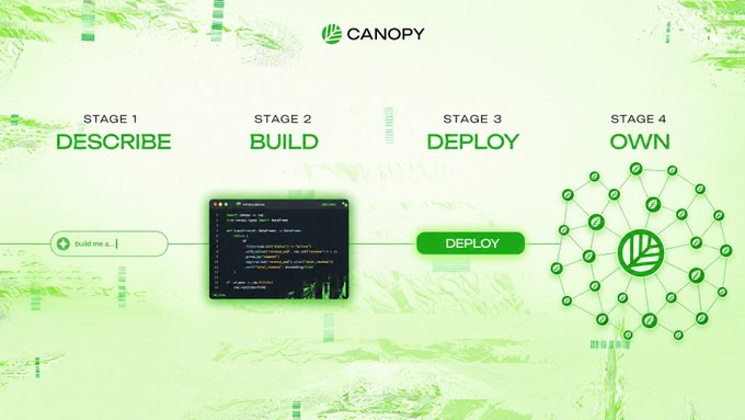 Promotional graphic for 'CANOPY' showing a four-stage process: STAGE 1 DESCRIBE, STAGE 2 BUILD, STAGE 3 DEPLOY, and STAGE 4 OWN.