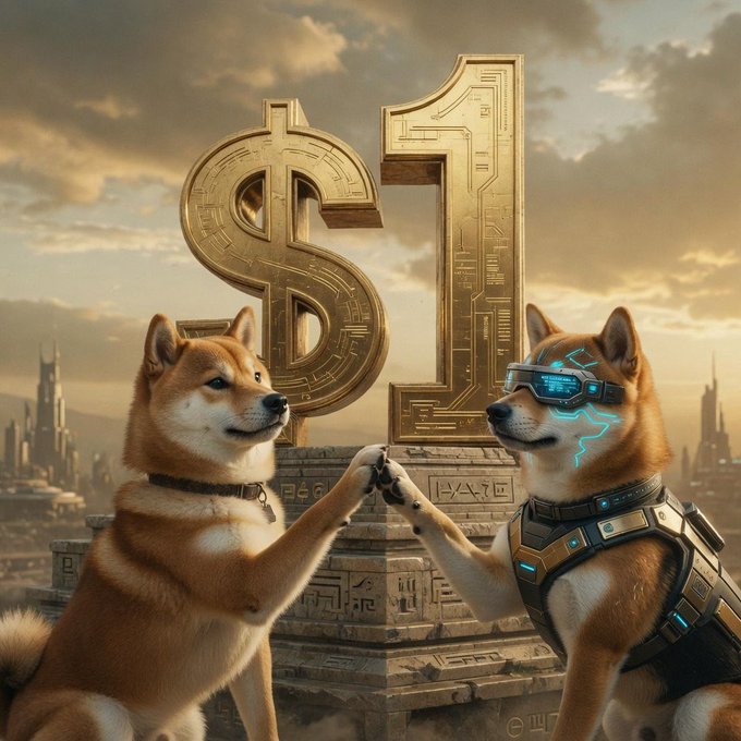 A digital artwork showing two Shiba Inu dogs giving a high-five in front of a large golden "$1" symbol, with one dog wearing futuristic glowing blue eyewear and armor.