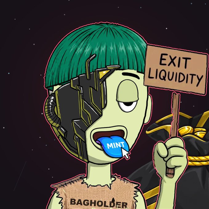 Cartoon parody of a “bagholder” character with a robotic arm and mint token, standing in front of treasure chests. Visible text includes “EXIT LIQUIDITY,” “MINT,” and “BAGHOLDER.”