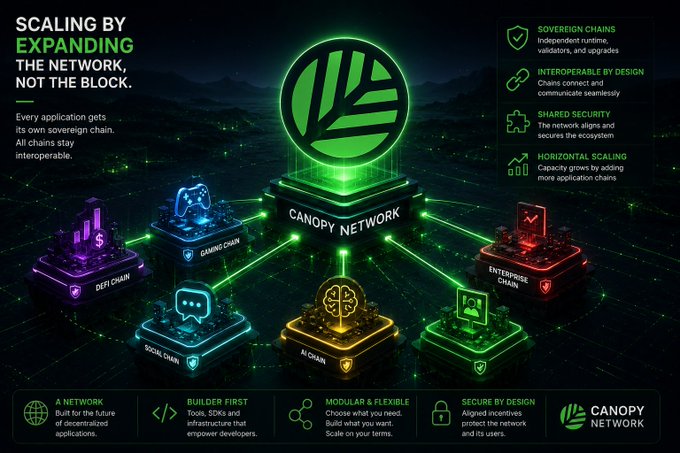 A promotional graphic for "Canopy Network" featuring a central green logo with the tagline "SCALING BY EXPANDING THE NETWORK, NOT THE BLOCK," illustrating a network of interconnected application chains labeled Gaming Chain, DeFi Chain, Social Chain, AI Chain, and Enterprise Chain, with feature callouts including "SOVEREIGN CHAINS," "INTEROPERABLE BY DESIGN," "SHARED SECURITY," and "HORIZONTAL SCALING."