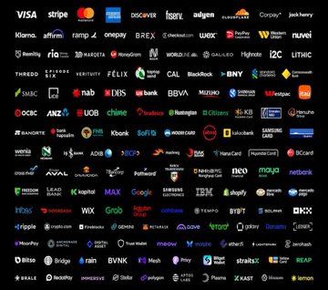 A collage of numerous fintech and crypto company logos including Visa, Stripe, Mastercard, Discover, Brex, Plaid, Coinbase, Kraken, Ripple, and many others.