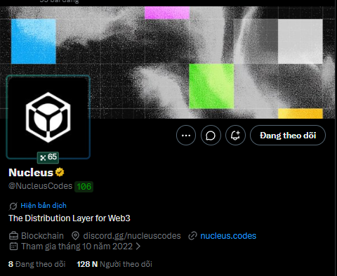 A social media profile screenshot for 'Nucleus' (@NucleusCodes), describing it as 'The Distribution Layer for Web3' with 128 followers.