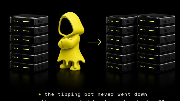 A 3D illustration of a yellow hooded figure standing between stacks of black servers, with text reading 'the tipping bot never went down'.