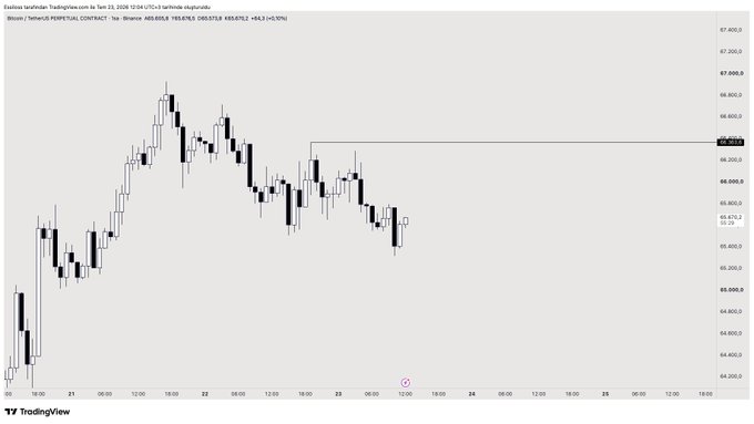 The image displays a Bitcoin perpetual contract chart on TradingView, highlighting a key liquidity level at $66,363 with a horizontal line annotation. The post emphasizes that this single level needs to be taken before determining the day's trading plan, with price action showing consolidation below this resistance level.