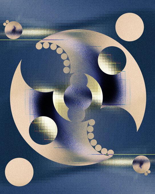 An abstract digital artwork featuring cream-colored circles, crescents, and dotted patterns set against a dark blue textured background.